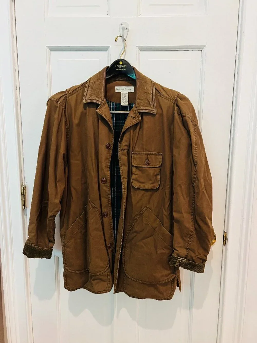 Vintage 90s Banana Republic Mens XS Flannel Lined Leather Collar Chore Jacket